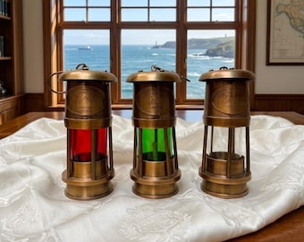 Vintage Brass Royal Navy Mining Lantern Set - Red, Green & Clear Glass Nautical Decor Lamps