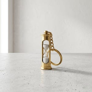 May include: A gold-colored hourglass keychain with a chain and a round key ring. The hourglass has a clear glass center filled with white sand. The keychain is on a light gray surface.