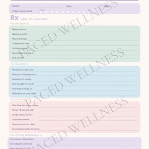May include: A self-care Rx notepad with sections for body, mind, and soul. The notepad includes prompts for daily reflection, such as energy levels, rest, and gratitude. The top of the notepad reads "Self-Care Rx".