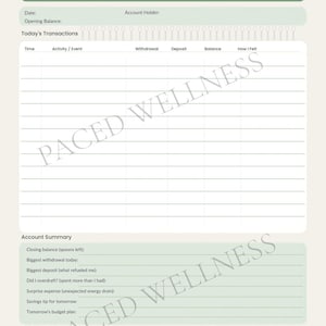 May include: A ledger titled "Spoon Bank Ledger" with sections for transactions and account summaries. The design features a light green and white color scheme. The text includes fields for time, activity, withdrawal, deposit, and balance. The bottom of the page includes the text "Paced Wellness".