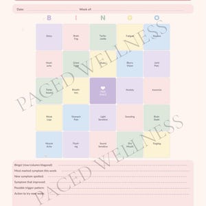 Könnte beinhalten: Ein Symptom-Bingo-Spielblatt in Rosa und Weiß. Das Spiel enthält Felder mit Symptomen wie "Schwindel", "Kopfschmerzen" und "Angst". Der Text "Symptom Bingo" steht oben, mit Anweisungen zum Markieren von Feldern und zum Finden von Mustern.