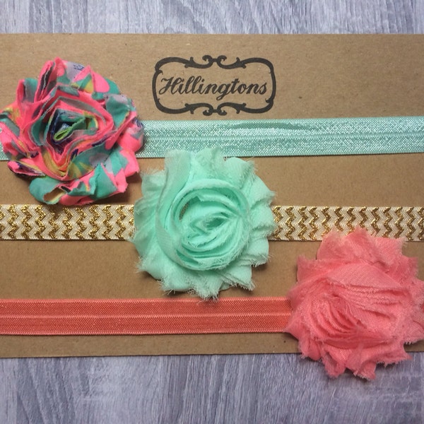 Coral, Mint, & Gold Shabby Chic Headbands - Trifecta, Shabby Headband, Baby Girl Headband, Coral Gold, Mint Chevron Girly Shabby Headband