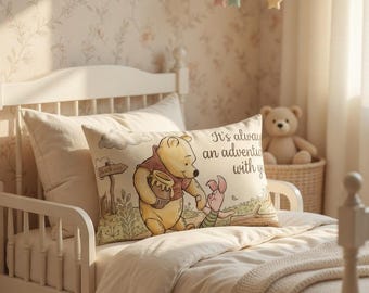Classic Pooh Bear Lumbar Pillow Sham, Vintage Storybook Nursery Cotton Cushion Cover, Nostalgic Whimsical Toddler Bedding 36x20