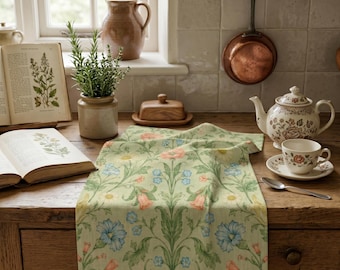 Paño de cocina verde salvia estilo William Morris, paño de cocina vintage con estampado botánico floral.