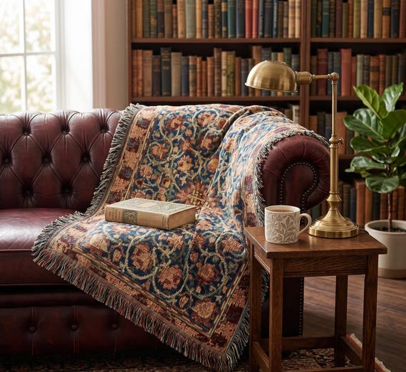 William Morris Style Tapestry Woven Throw Blanket, Vintage Oriental Rug Fringe Throw