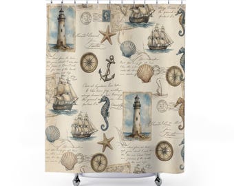 Nautical Vintage Ships Anchor Shells Shower Curtain | Coastal Lighthouse Pattern Bath Decor