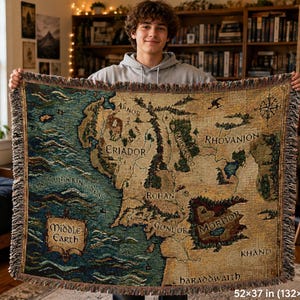 Middle Earth Map Woven Blanket | Fantasy Wall Hanging, Mordor Tapestry, Vintage Map Throw