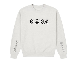 Custom Mama Sweatshirt with Kids Names on Sleeve – Personalized Minimalist Mom Crewneck
