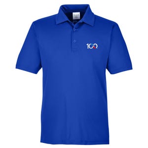 May include: Royal blue polo shirt with short sleeves and a collared neckline. The shirt features a two-button placket and a small white logo with the number "100" and a red heart design on the left chest. The shirt is made of a smooth, likely synthetic fabric.