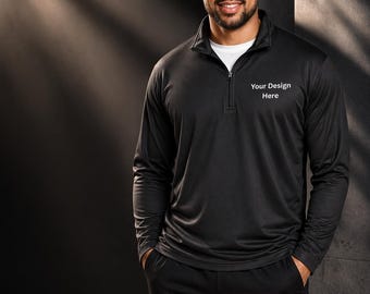 Sudadera de hombre con cremallera de un cuarto, personalizable. Añade tu logotipo o diseño. Camiseta de alto rendimiento. Regalo ideal para equipos deportivos o para uso diario.