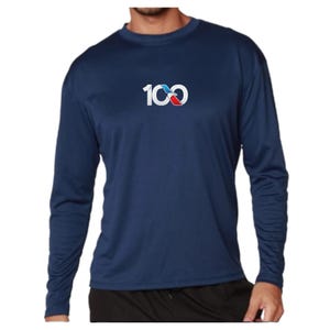 May include: Navy blue long-sleeve shirt with the number "100" in white, with a red and blue design. The shirt is made of a smooth, lightweight material.