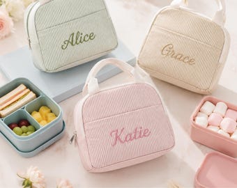 Personalisierte gestreifte Lunchtasche, isolierte Tragetasche mit individuellem Namen, Bento-Box für Kinder, Geschenkidee für Schulanfang und Sommercamp
