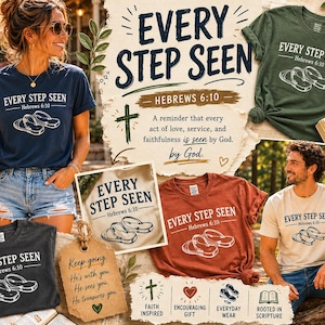 Puede incluir: Varias camisetas en azul marino, verde, óxido y crema, cada una con el texto "EVERY STEP SEEN Hebrews 6:10" y un gráfico de sandalias. La imagen incluye a una mujer y un hombre usando las camisetas.