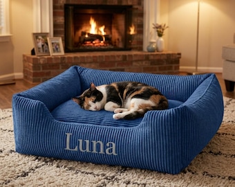 Cama personalizada de veludo cotelê para gatos com nome à sua escolha, cama macia e luxuosa para cães, sofá lavável para animais de estimação, cama azul relaxante para pets, presente personalizado para filhotes, tamanhos P a GG.