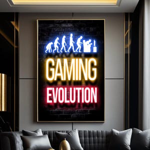 May include: A rectangular wall art print featuring a neon-style graphic on a dark brick background. The top shows the evolution of humans into a gamer, followed by the yellow text GAMING and the red text EVOLUTION in a bold, sans-serif font.