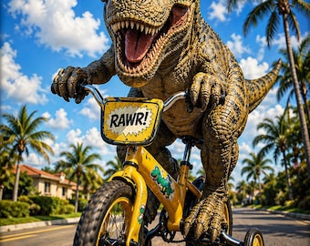 Funny T-Rex Dinosaur Riding Bike with Training Wheels Art Print, Kids Room Decor