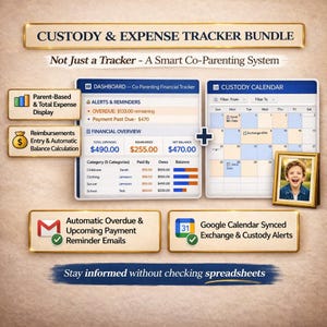 May include: A digital custody and expense tracker bundle. The image shows a dashboard, calendar, and reminder system. Features include parent-based expense display, automatic balance calculation, and Google Calendar sync. The text reads "Custody & Expense Tracker Bundle."
