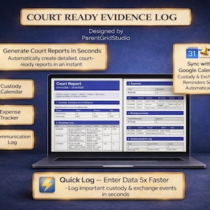 Könnte beinhalten: Ein Laptop mit einem Gerichtsprotokoll, mit Symbolen für einen Sorgerechtskalender, einen Ausgaben-Tracker und ein Kommunikationsprotokoll. Das Bild hebt auch Funktionen wie die schnelle Generierung von Berichten und die Synchronisierung mit Google Calendar hervor.