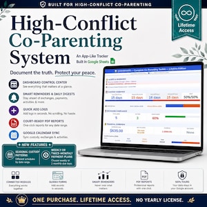 Puede incluir: Un sistema digital de coparentalidad para situaciones de alto conflicto en la pantalla de un portátil. La interfaz muestra un panel con resúmenes de custodia, intercambios y finanzas, además de alertas, recordatorios e informes PDF.
