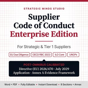 May include: A document titled "Supplier Code of Conduct Enterprise Edition" with text about strategic suppliers. Includes details on EU Due Diligence, OECD RBC 2023, ILO Core, and UNGPs. Features a section on the Directive (EU) 2026/470, July 2029.