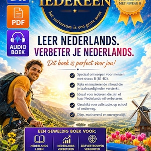 Könnte beinhalten: Buchcover mit dem Titel "LEER NEDERLANDS. VERBETER JE NEDERLANDS." Ein Mann mit Rucksack lächelt vor einer Berglandschaft. Das Cover enthält Text zum Erlernen der niederländischen Sprache.