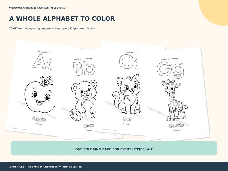 Alphabet Coloring Pages A-Z, 26 Preschool Printables, Ages 3-6, A4 & US ...