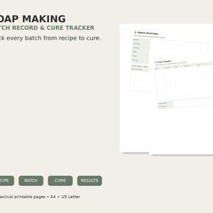 May include: A soap making batch record and cure tracker printable document set. The text reads SOAP MAKING BATCH RECORD & CURE TRACKER, Track every batch from recipe to cure, RECIPE, BATCH, CURE, RESULTS, 11 practical printable pages, A4 + US Letter.
