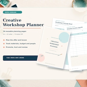 May include: A digital Creative Workshop Planner with 56 reusable planning pages in A4 and US Letter sizes. The printable PDF includes sections for planning lessons, tracking materials, budgets, and people, plus promoting and reviewing workshops.