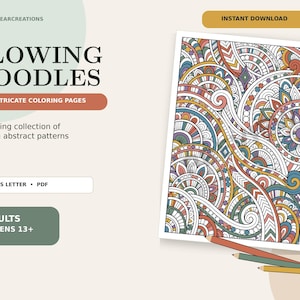 May include: A digital coloring page set titled FLOWING DOODLES with 15 intricate coloring pages. The image displays a rectangular page filled with colorful abstract patterns, alongside three colored pencils in red, green, and yellow.