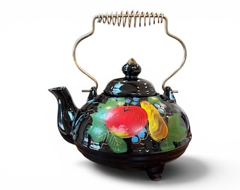 Vintage Black Glazed Redware Footed Teapot | Hand-Painted Fruit | Mid-Century Vintage Kitchen Accent