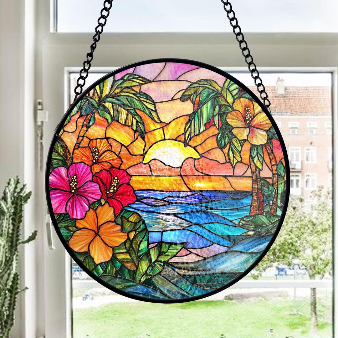 Tropical Beach Sunset Stained Glass Suncatcher, Hibiscus Flower Window ...