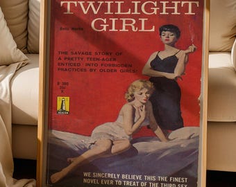Red Feminist Girl Print, Lesbian Couple Pulp Poster, Bold Sapphic Fiction Cover Wall Art