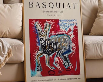 Red rabbit Basquiat print, Street Art Graffiti Poster, Dark Crimson Abstract Exhibition decor