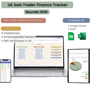 Op de afbeelding: Een digitale financieel tracker voor Britse eenmanszaken, weergegeven op een laptop, tablet en smartphone. De afbeelding bevat de tekst "UK Sole Trader Finance Tracker" en "Boundle 2026". Beschikbaar als Google Sheets en Excel.