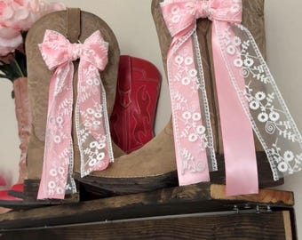 Handmade Pink Lace Coquette Boot Bows | Western Bridal Accessories | Pink Cowgirl Ribbon for Boots