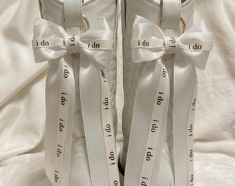 Handmade Bridal Boot Bows - White Satin Ribbon with "I Do" Detail - Set of 2