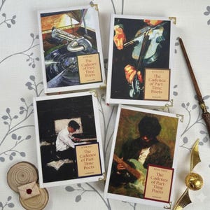 May include: Four hardback books titled The Cadence of Part-Time Poets, each featuring distinct cover art depicting a record player, a violin, a person at a piano, and a guitarist. The books have gold-toned metal corner protectors.