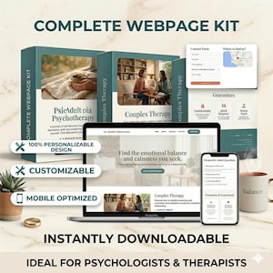 Puede incluir: Kit completo de página web para psicólogos y terapeutas, con portátil, teléfono y cajas. El diseño es 100% personalizable, adaptable y optimizado para móviles. Incluye formulario de contacto, garantías y preguntas frecuentes.