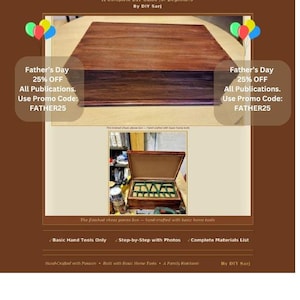 May include: A brown DIY guide titled "CHESS PIECES BOX" with text that reads "A Complete DIY Guide for Beginners". The image includes a Father's Day promotion for 25% off all publications, using promo code FATHER25.