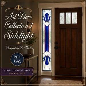 May include: A stained glass sidelight pattern featuring blue and white geometric shapes in a vertical arrangement. The text reads Art Deco Collection 1 Sidelight, Designed by B. Minch, PDF SVG, and STAINED GLASS PATTERN PDF & SVG FILES.
