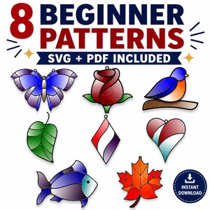 Beginner Stained Glass Suncatcher Patterns, 8 Easy Designs (SVG, PDF)