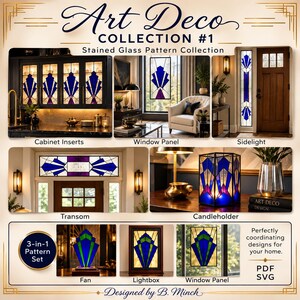 Könnte beinhalten: Eine digitale Sammlung von Art-Deco-Buntglasmustern mit dem Titel Art Deco Collection #1 Stained Glass Pattern Collection. Das Set enthält Designs für Schrankeinsätze, Fensterpaneele, Seitenteile, Oberlichter und einen Kerzenhalter in Blau und Violett.