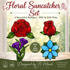 Może przedstawiać: Zestaw Floral Suncatcher Set zawierający 4 wzory w plikach PDF i SVG. Grafika przedstawia czerwoną różę, czerwony pąk róży, fioletowe powoje oraz niebieski kwiat z żółtym środkiem, wszystko wykonane w stylu przypominającym witraż.