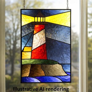 May include: Stained glass panel depicting a lighthouse with a bright yellow light, red and white tower, and blue sea. The panel is framed in black and hangs from a chain. The text "Illustrative AI rendering" is at the bottom.