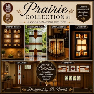 Può includere: Una presentazione digitale intitolata Prairie Collection #1 con sei design geometrici in vetro colorato. L'immagine mostra un inserto per armadietto, un pannello indipendente, un portacandele, una scatola luminosa, una luce laterale e un traverso, in vetro ambra, marrone e trasparente.
