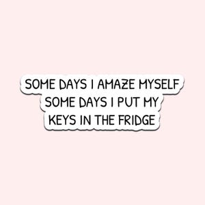 Op de afbeelding: Witte sticker met zwarte tekst: "SOME DAYS I AMAZE MYSELF SOME DAYS I PUT MY KEYS IN THE FRIDGE". De sticker heeft een afgeronde rechthoekige vorm en staat op een lichtroze achtergrond.