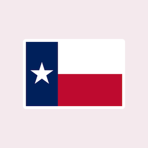 May include: A rectangular sticker depicting the flag of Texas. The flag design includes a blue vertical section with a white star, a white horizontal stripe, and a red horizontal stripe.