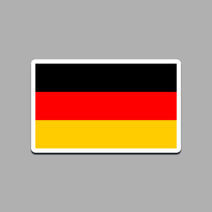 May include: A rectangular sticker featuring the German flag. The flag design consists of three horizontal stripes: black at the top, red in the middle, and yellow at the bottom. The sticker has a white border.
