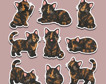 Tortoiseshell Cat Sticker Pack Vinyl Decal Set |Tortie Kitty Stickers for Laptops, Water Bottles
