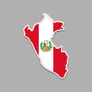 May include: A sticker in the shape of Peru, featuring the Peruvian flag design. The flag has vertical red and white stripes, with the Peruvian coat of arms in the center. The sticker has a white border and is set against a gray background.